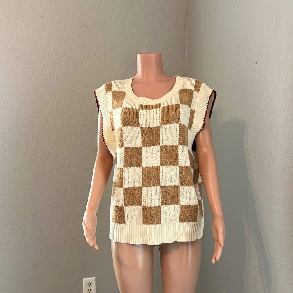 MAEVE By Anthropologie Checkered Sweater Vest Women's Size M Neutral BOHO #160
